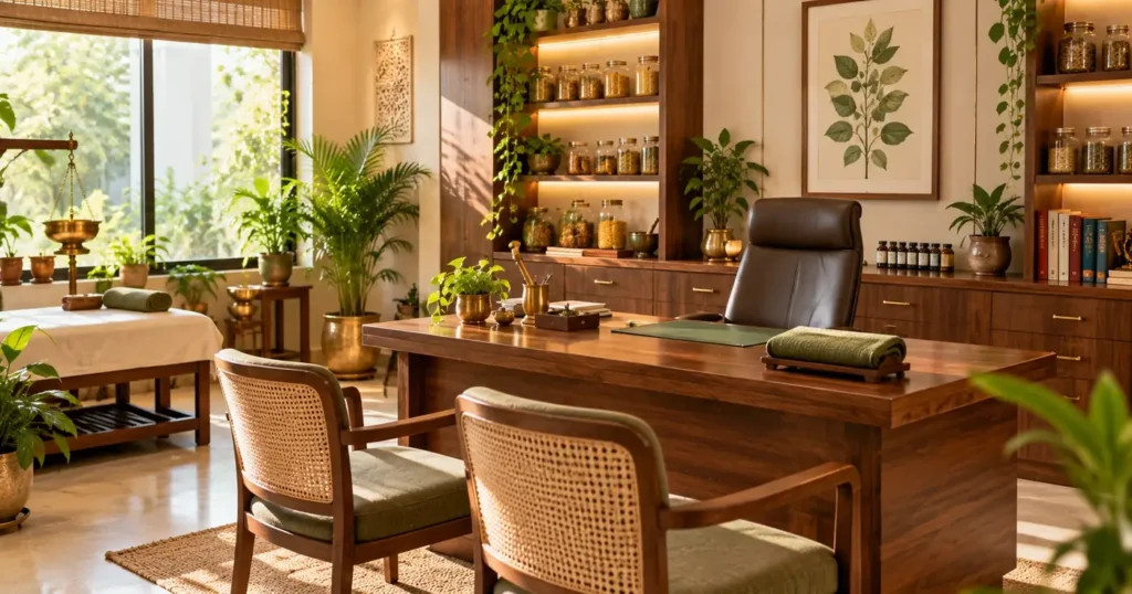 Consultation room at Advait Ayurveda clinic in Gota, Ahmedabad