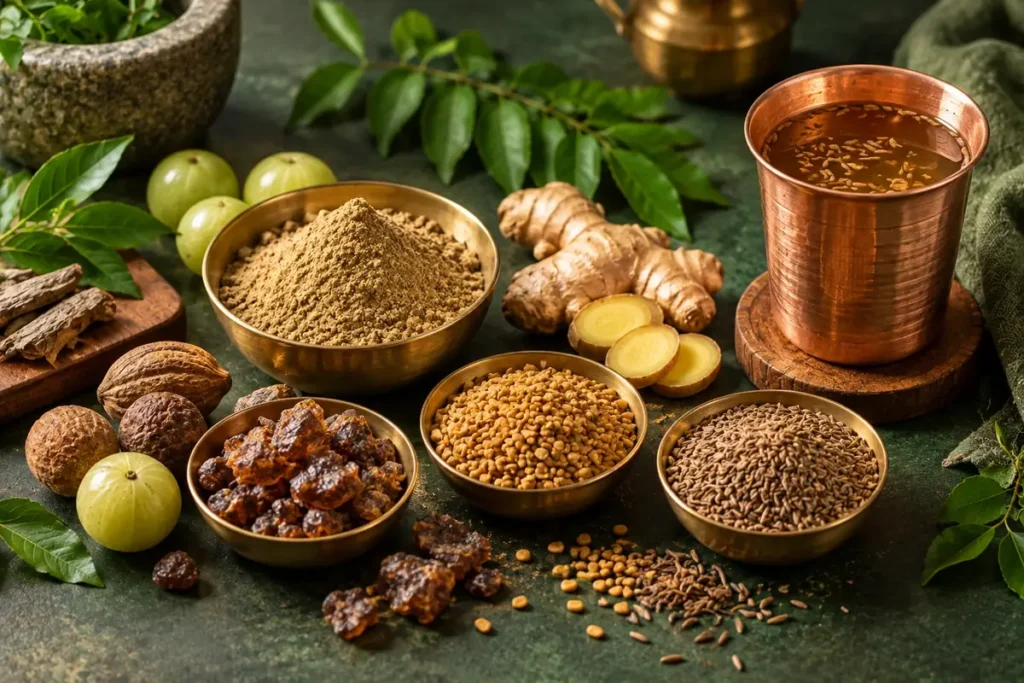 Ayurvedic herbs used in weight management: triphala, guggul, ginger, methi and jeera water in a copper cup