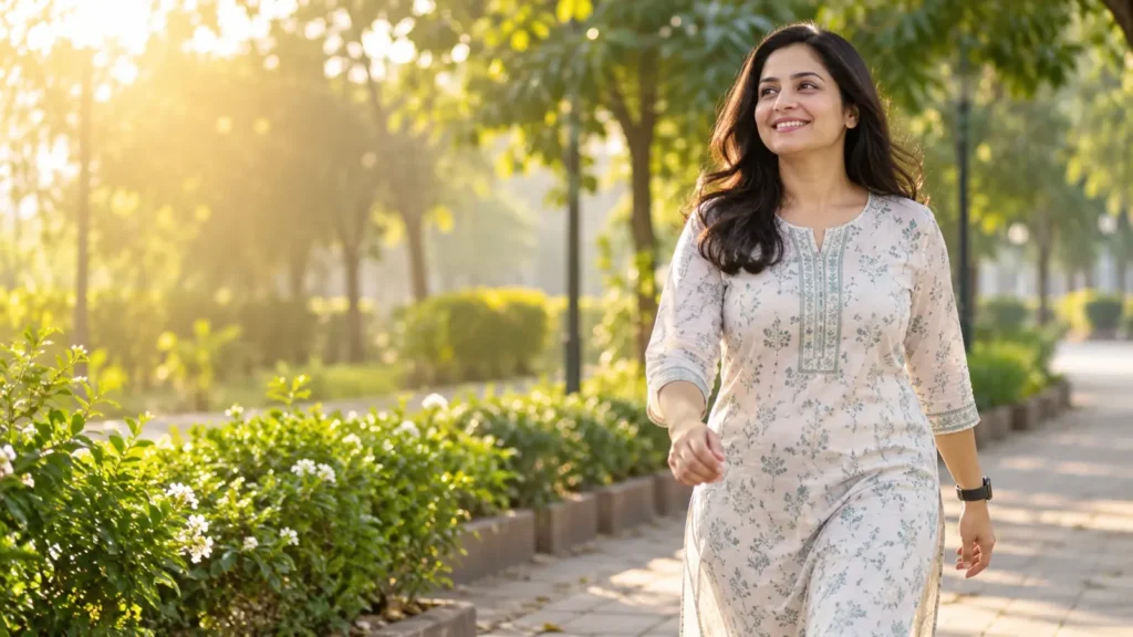 Woman on a morning walk in a park in Ahmedabad as part of Ayurvedic weight management