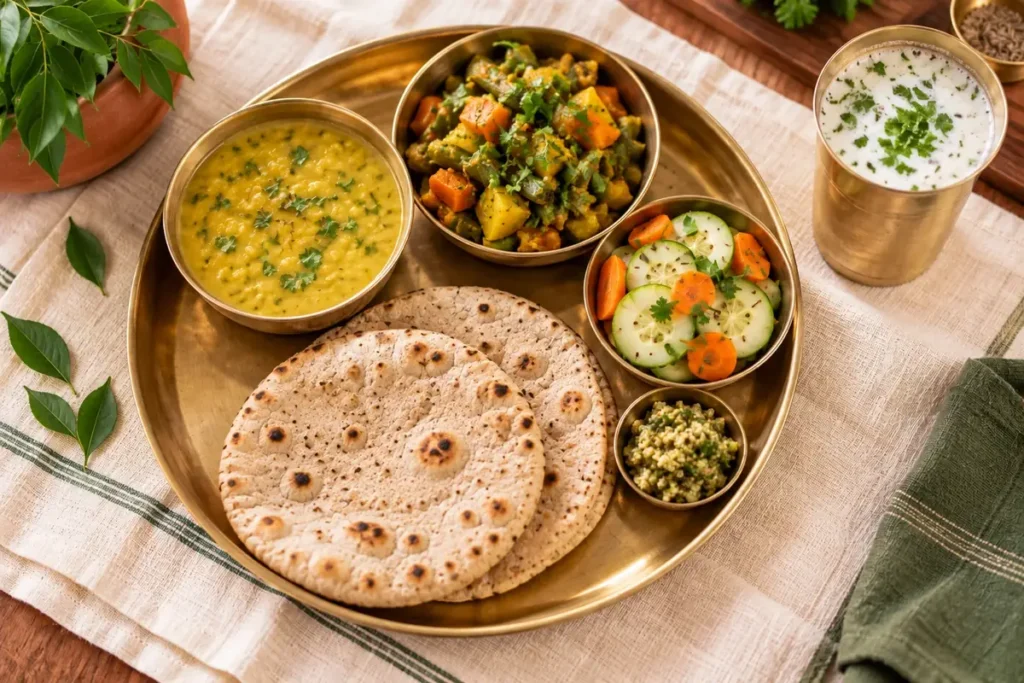 Gujarati weight loss thali with jowar rotli, moong dal, sabji, salad and buttermilk