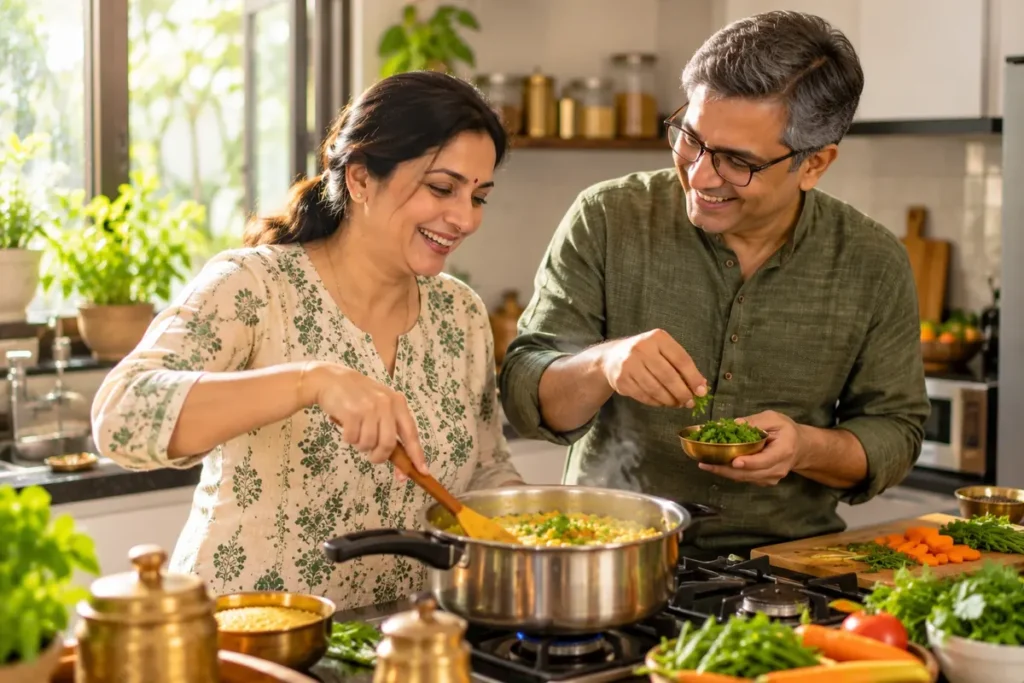 Gujarati couple cooking healthy vegetable khichdi together at home