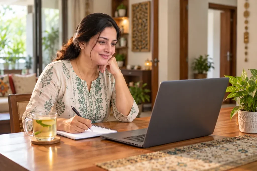Patient taking an online Ayurvedic consultation on a laptop at home
