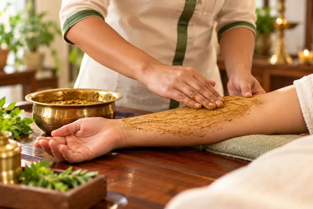 Therapist applying Udvartana herbal powder massage at an Ayurvedic clinic in Ahmedabad